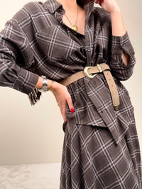 Camicia check moro con frange tabacco