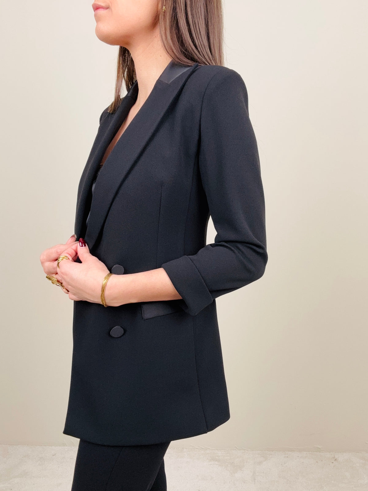 Blazer nero dettagli raso