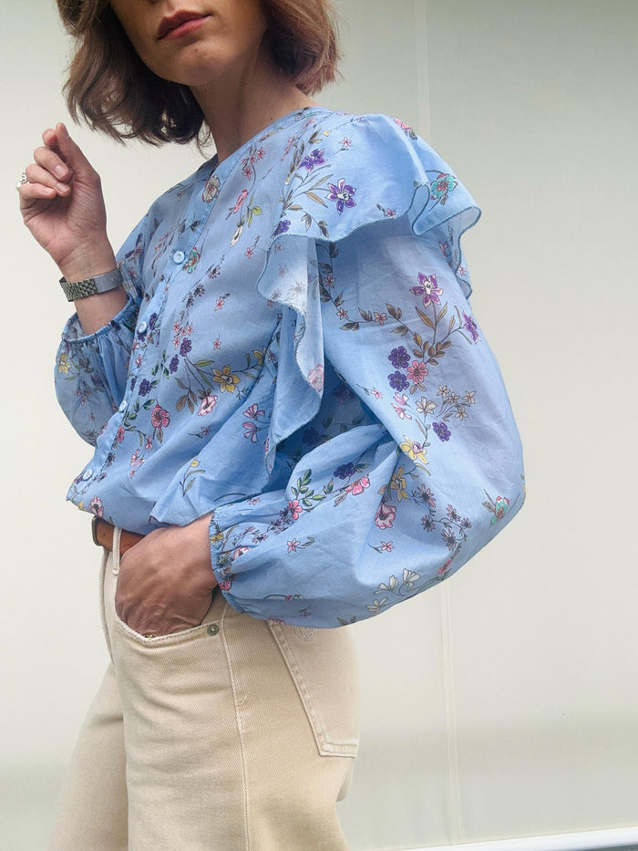 Camicia fiori&ruches azzurra