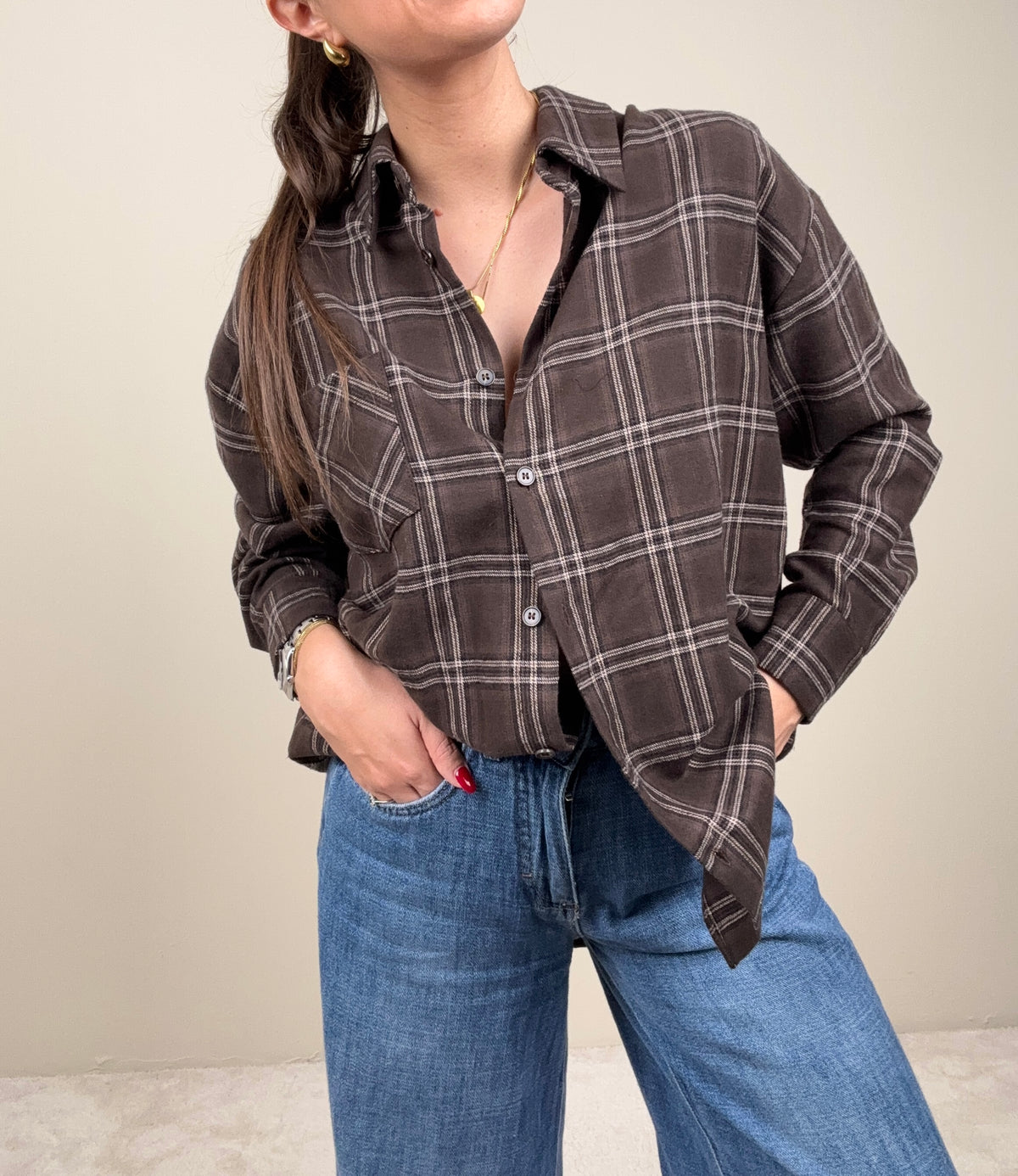 Camicia check moro con frange tabacco