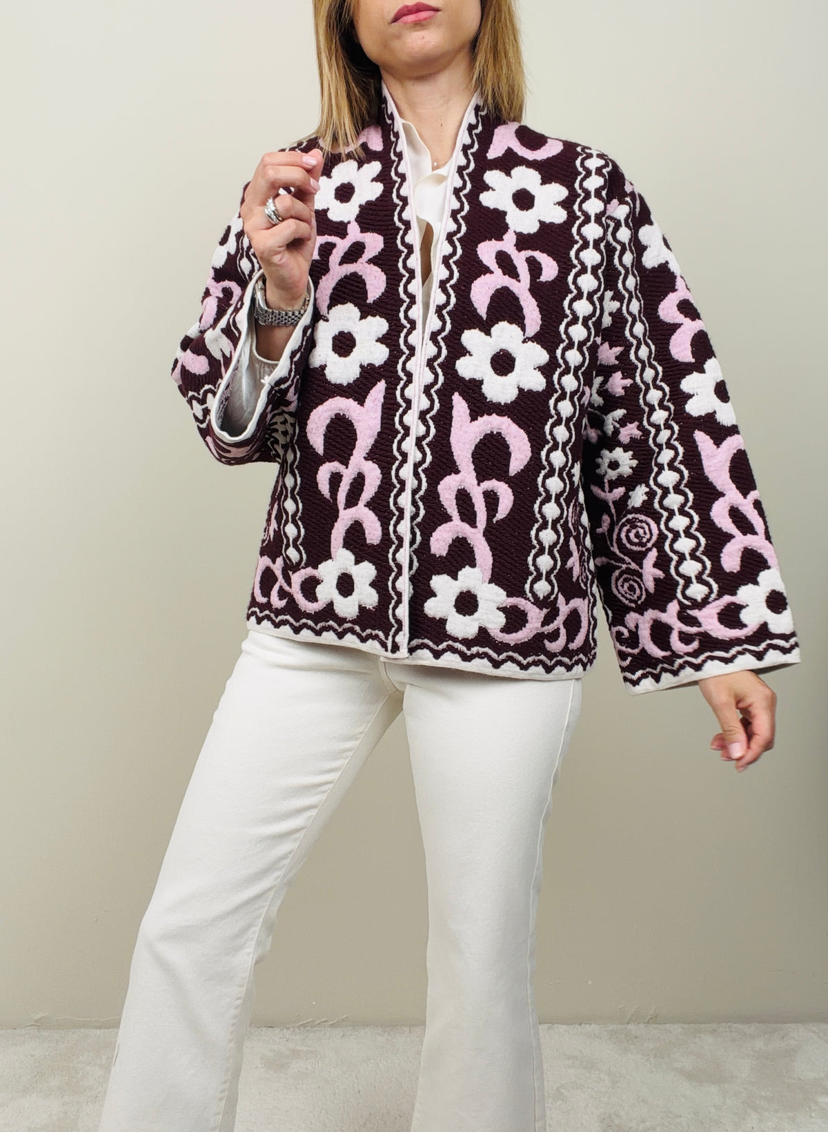 Cardigan fiore rosa-bordeaux