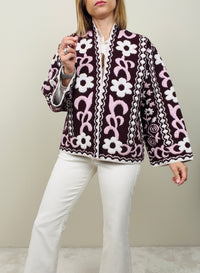 Cardigan fiore rosa-bordeaux