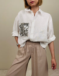 Camicia in lino bianca con taschina paillettes