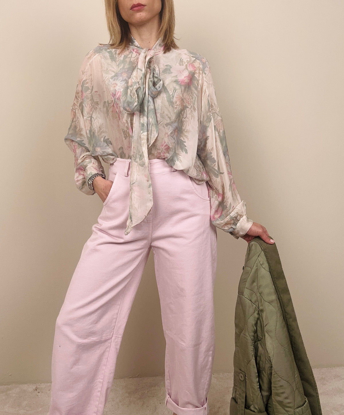 Camicia con fiocco rosa-salvia