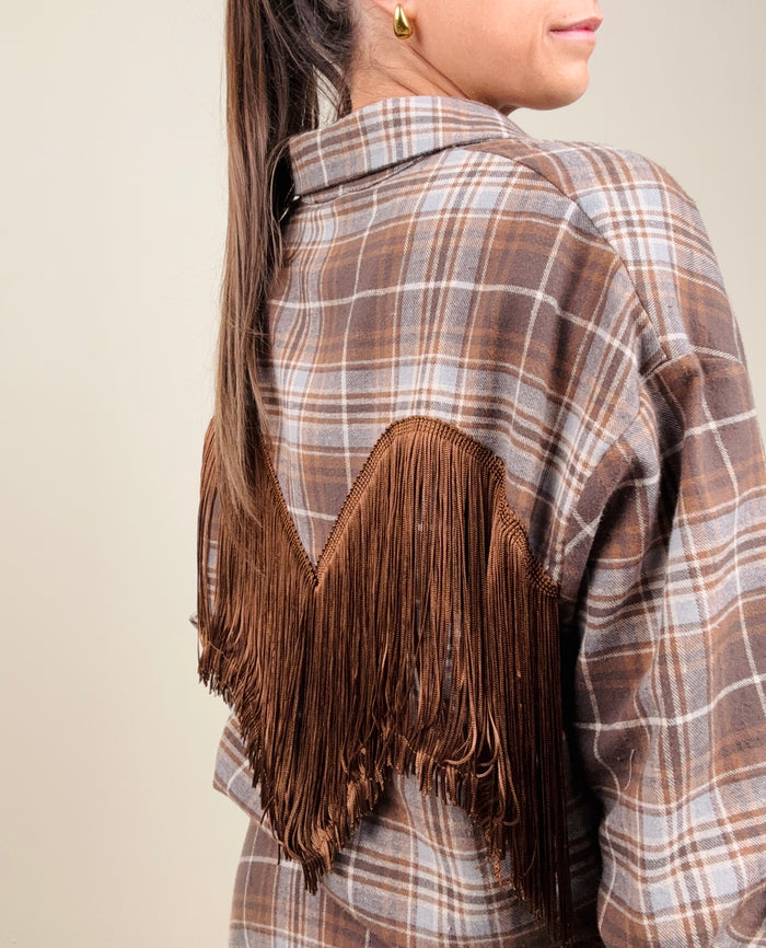Camicia check grigia con frange tabacco