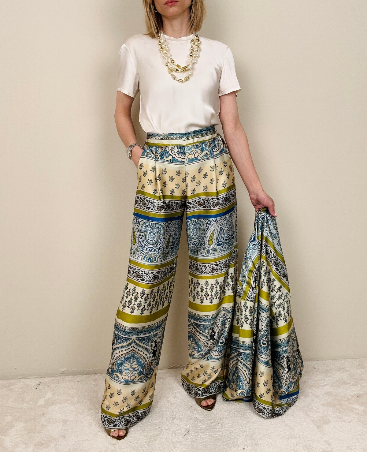 Pantalone panna-blu-lime