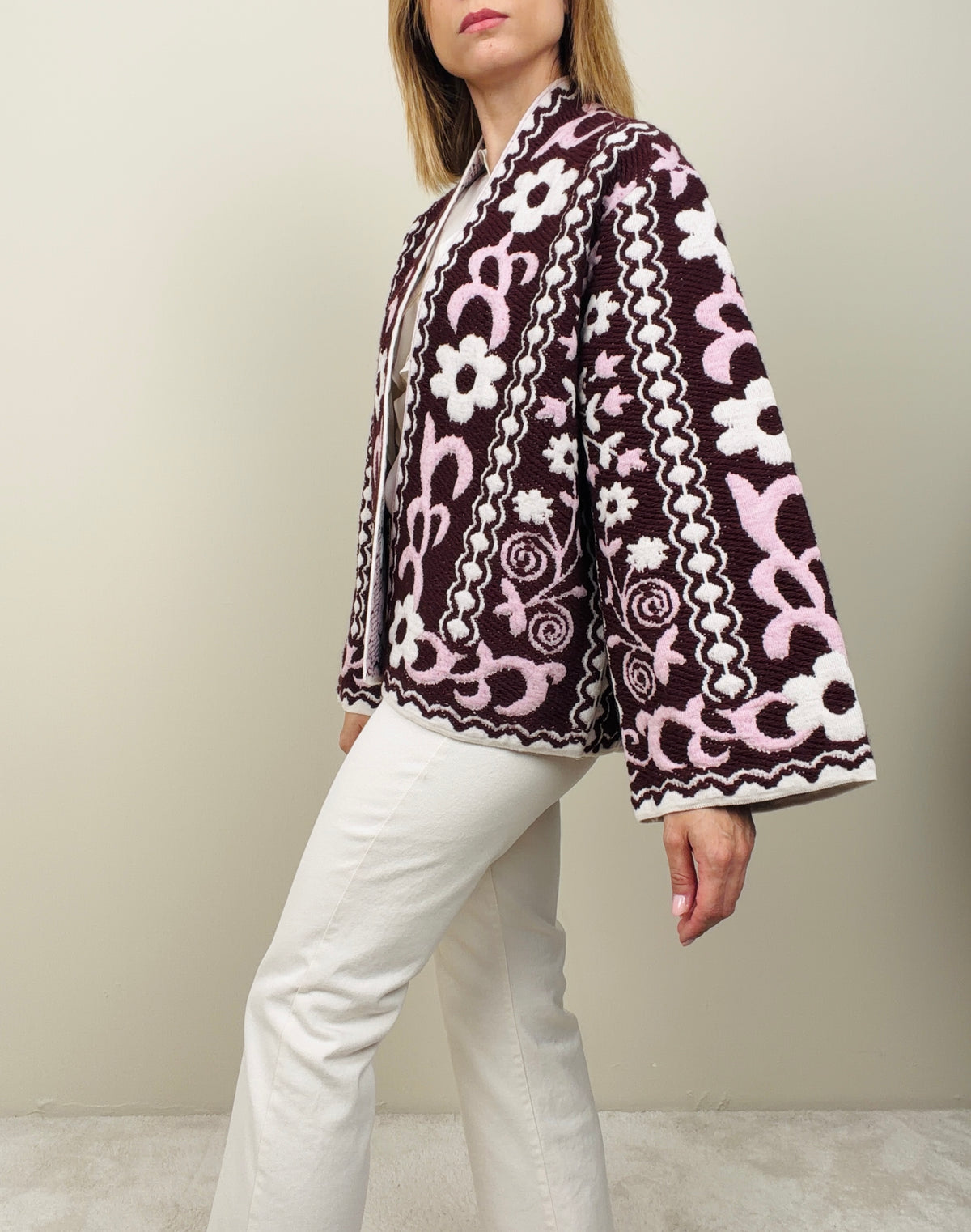 Cardigan fiore rosa-bordeaux