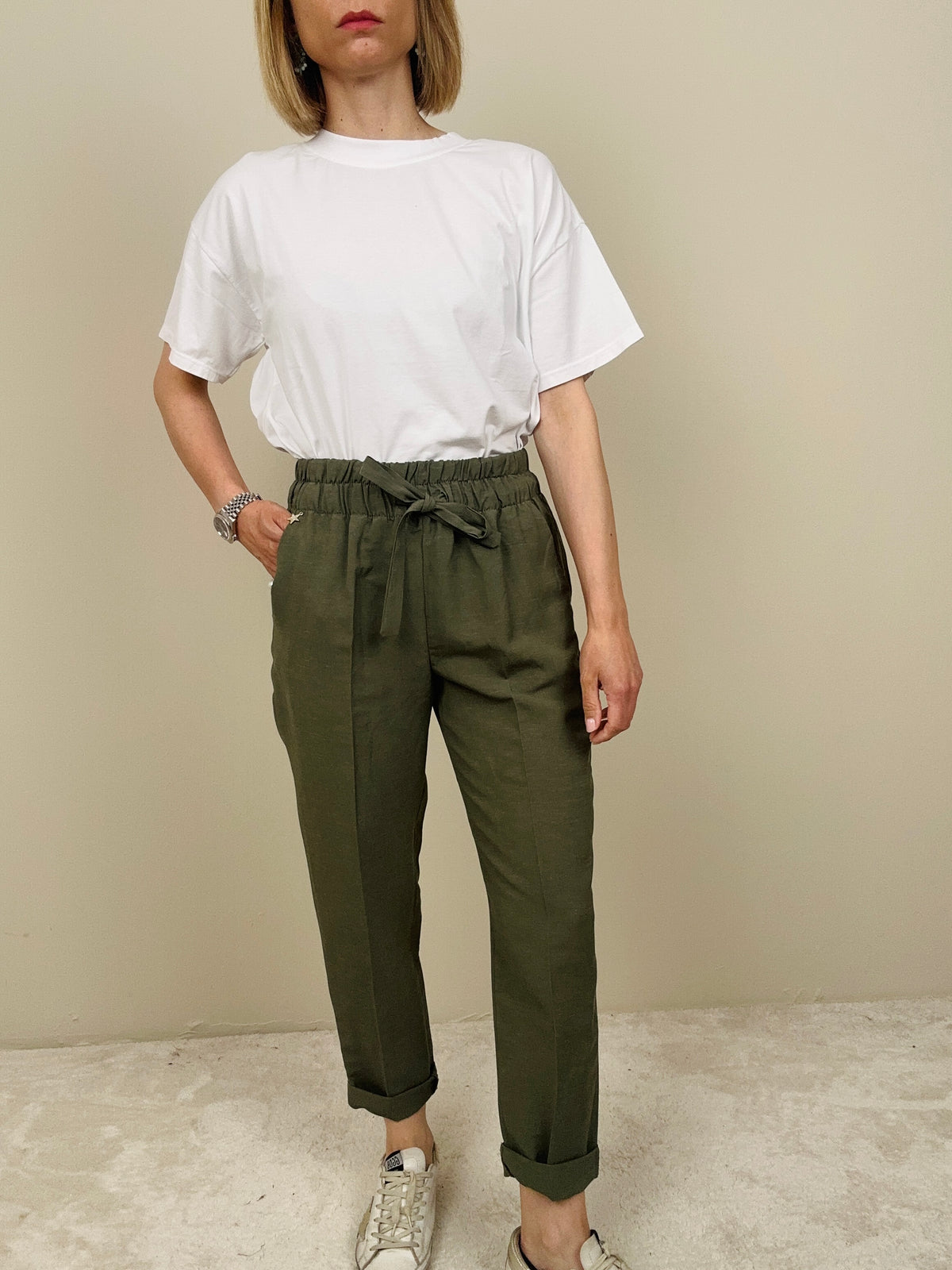 Pantalaccio in viscosa e lino verde