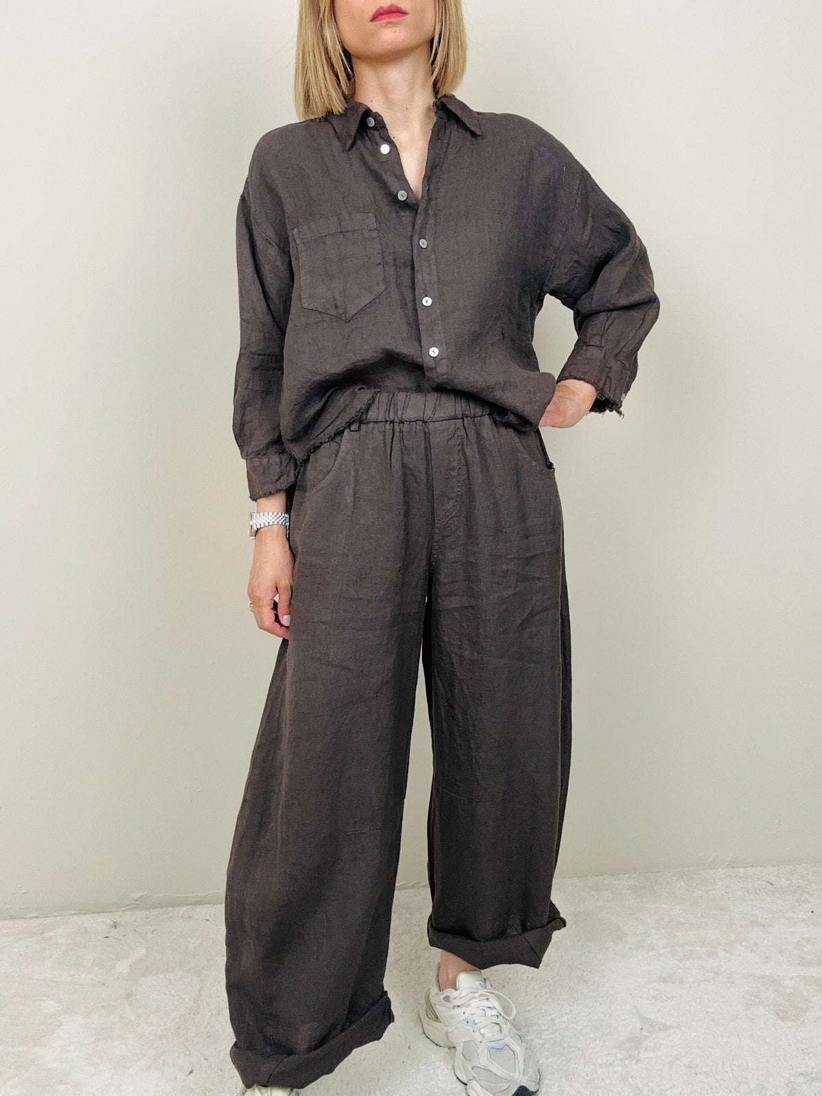 Pantalone in lino marrone modello ballon