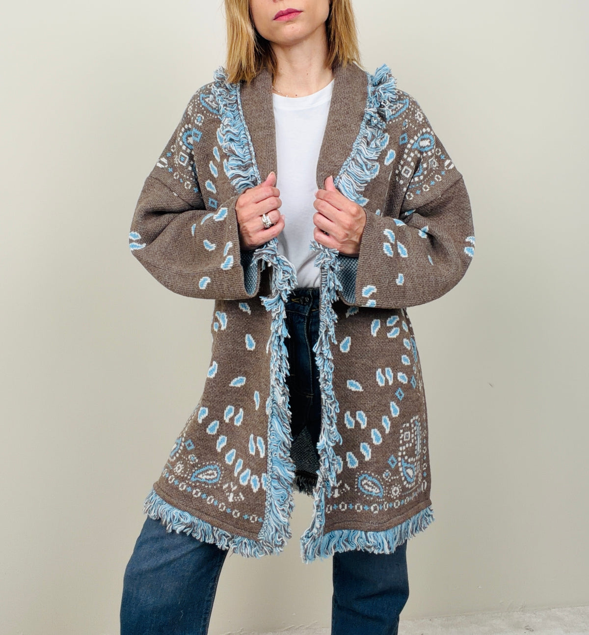 Cardigan bandana taupe-azzurro