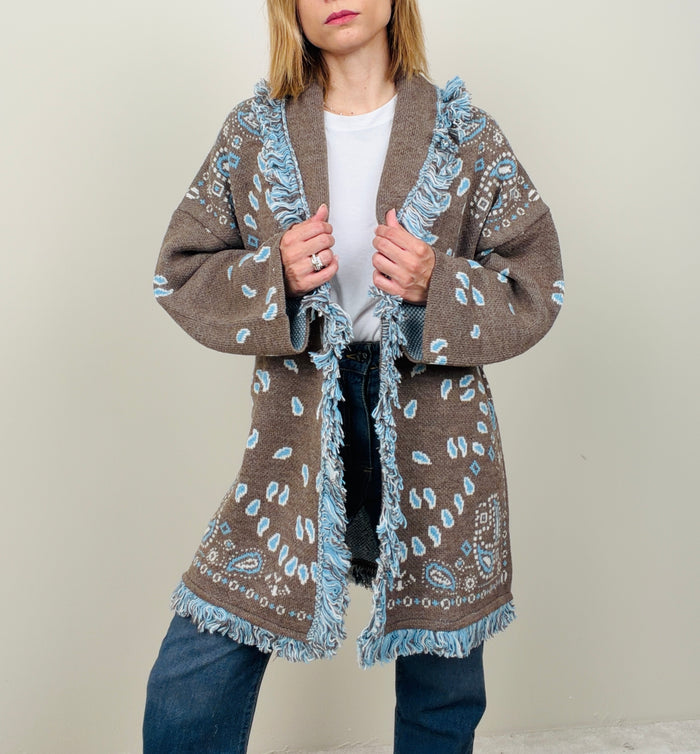 Cardigan bandana taupe-azzurro