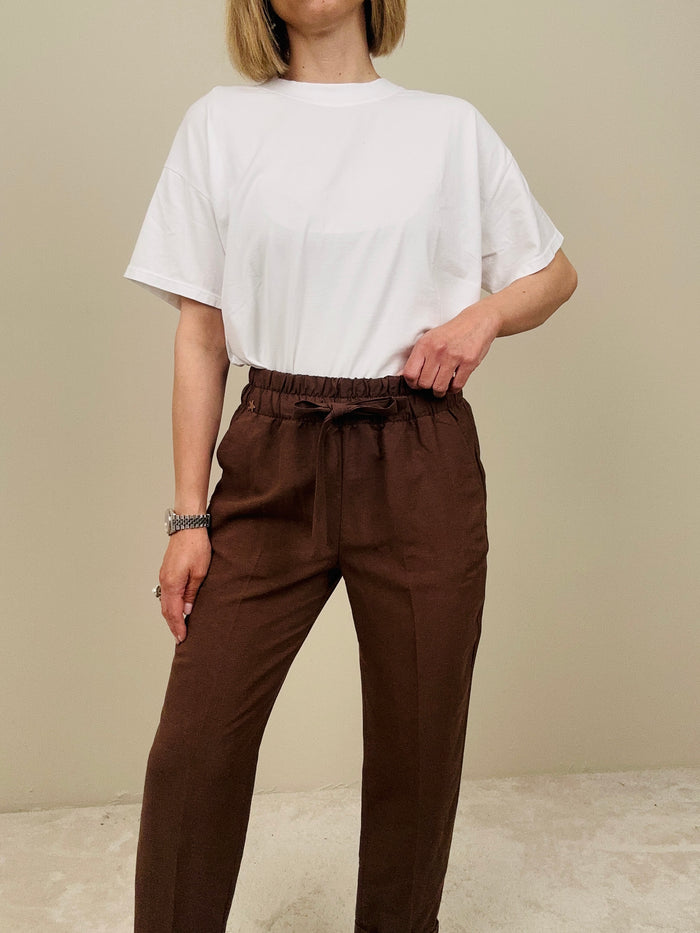 Pantalaccio in viscosa e lino marrone