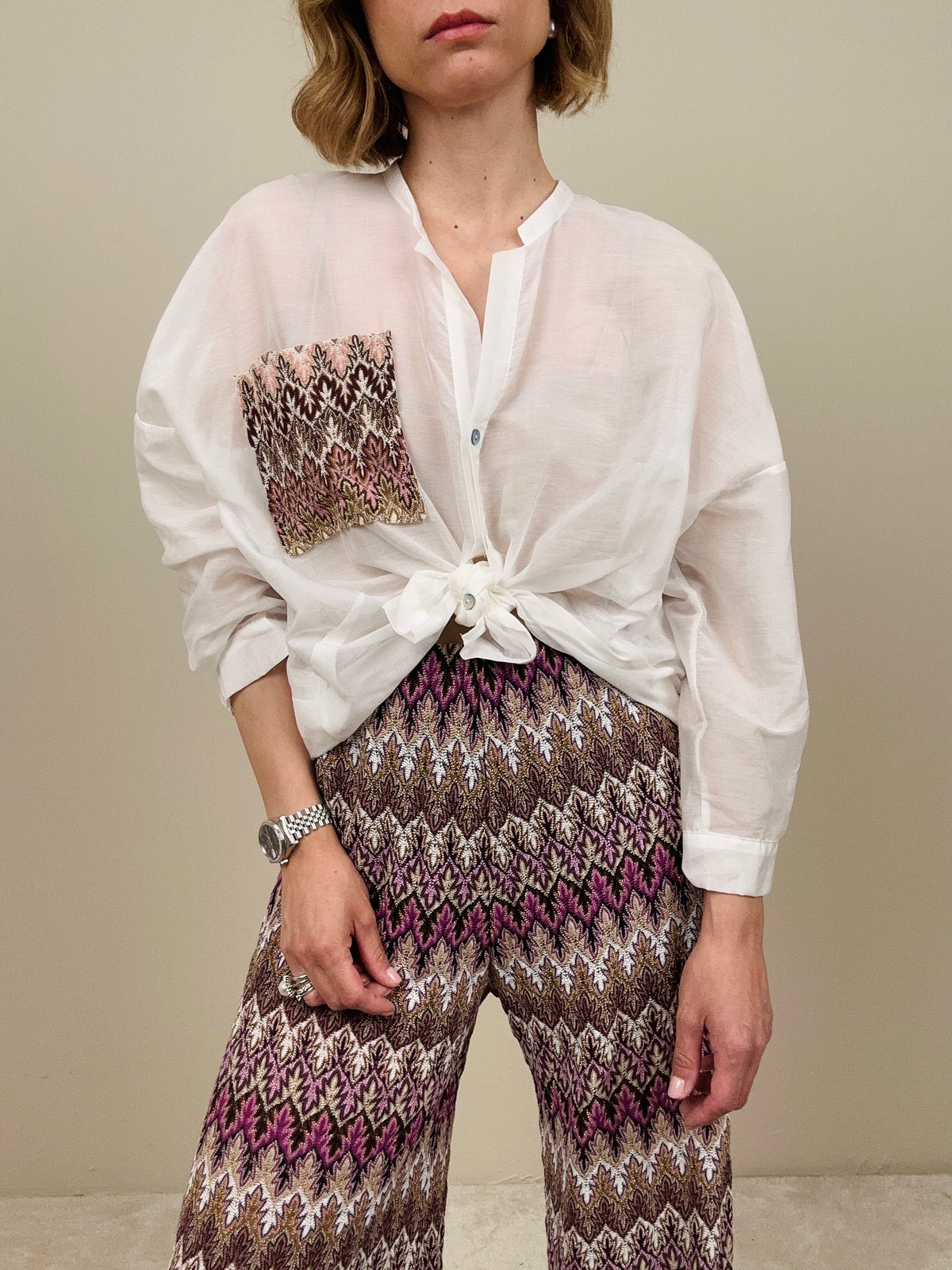 Camicia in cotone/seta con taschina tessuto stile missoni
