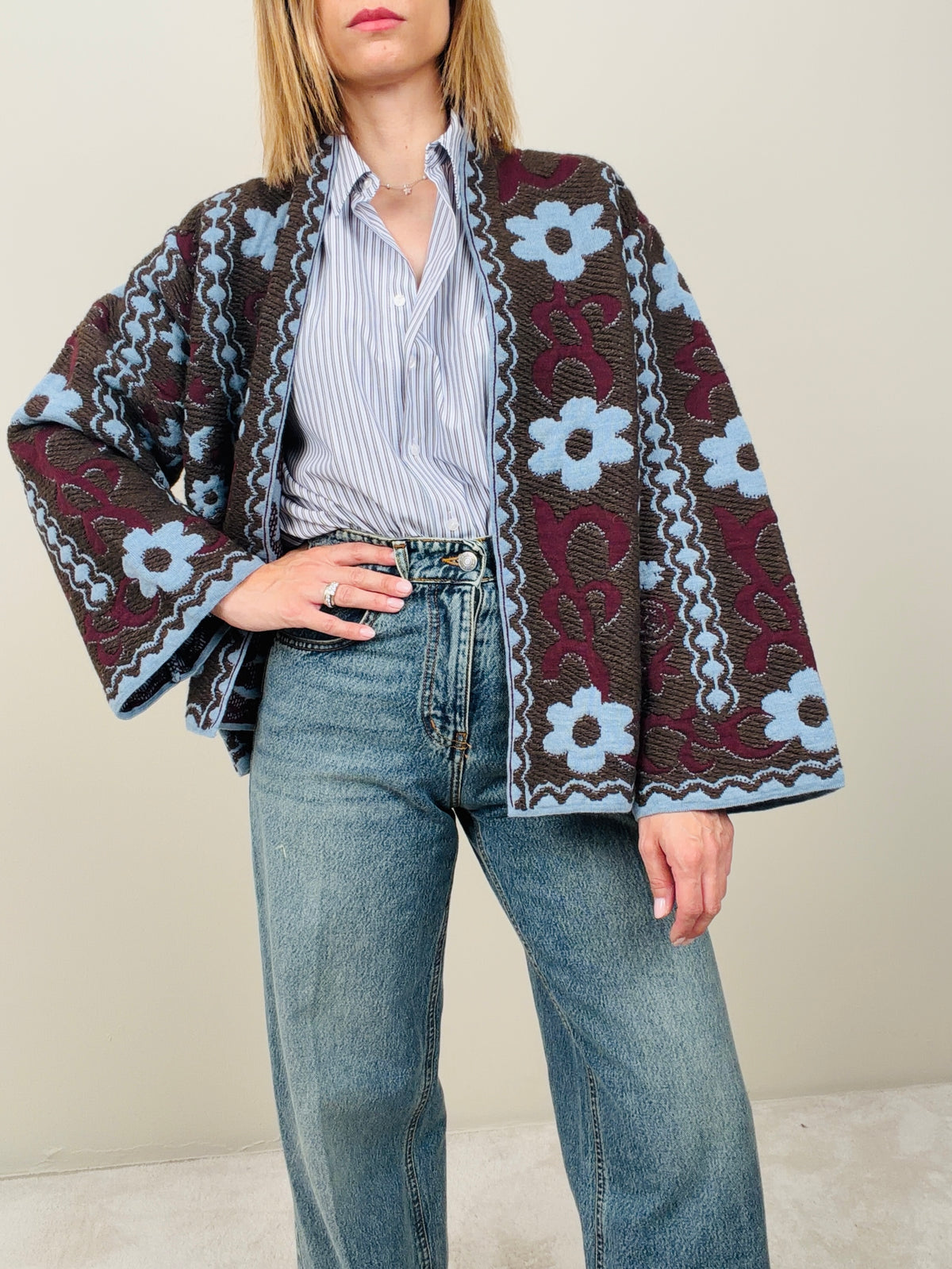 Cardigan fiori marrone-azzurro