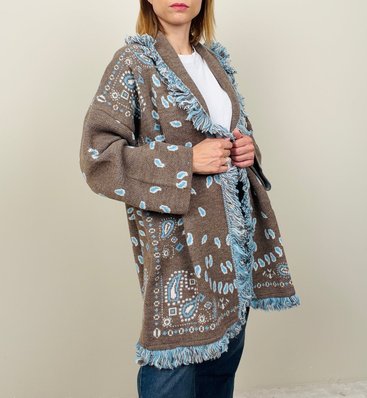 Cardigan bandana taupe-azzurro