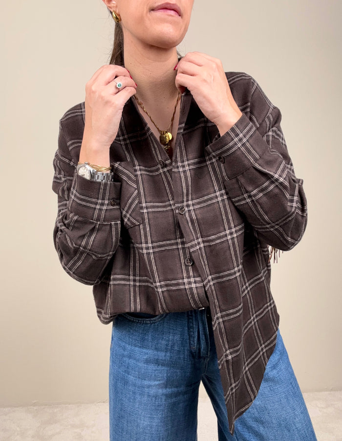 Camicia check moro con frange tabacco