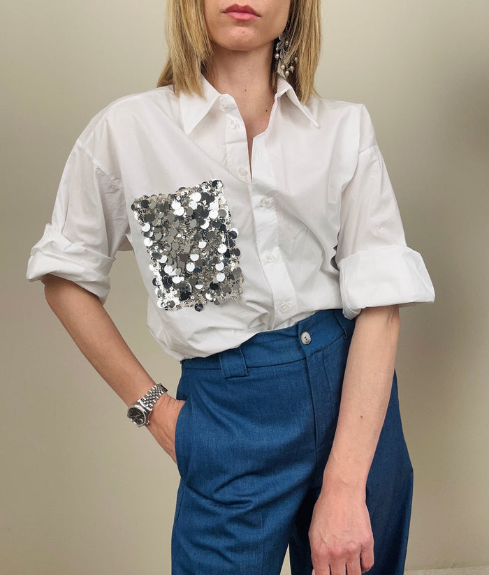 Camicia in cotone con tasca in paillettes (più colori)