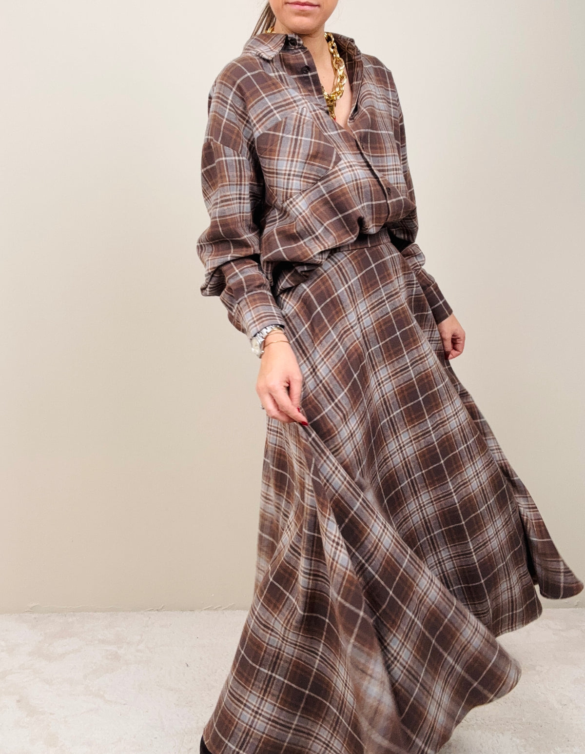 Camicia check grigia con frange tabacco