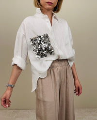 Camicia in lino bianca con taschina paillettes