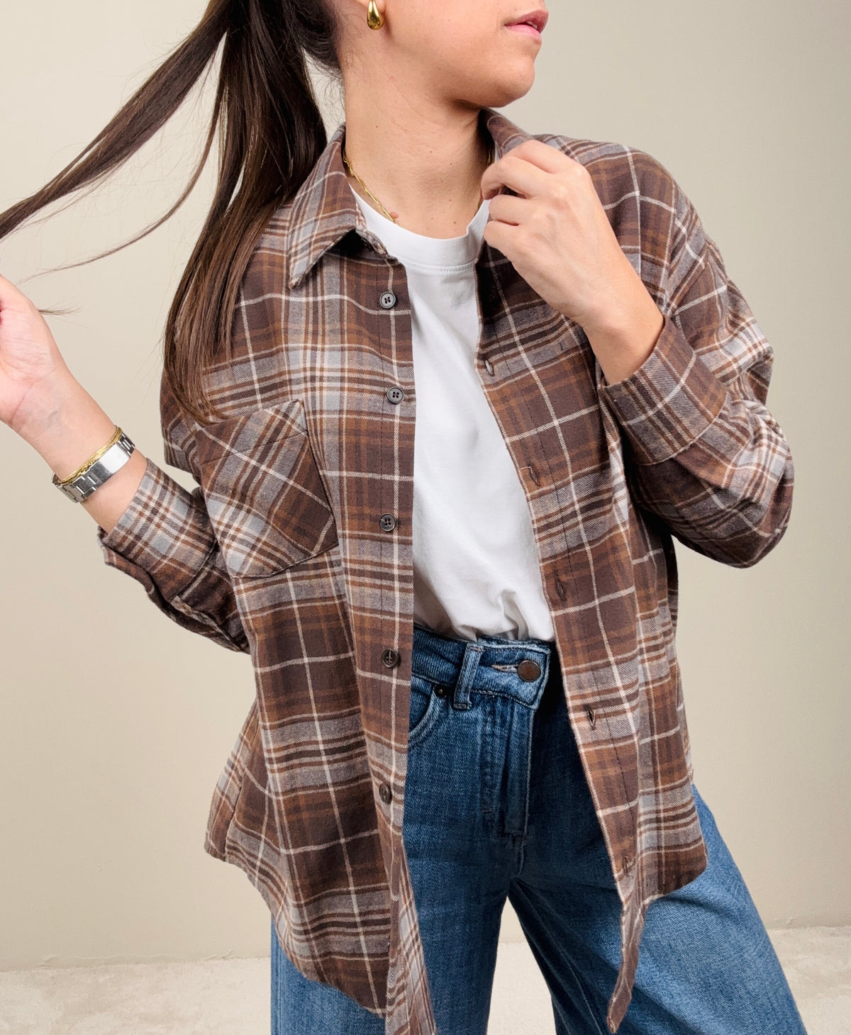 Camicia check grigia con frange tabacco