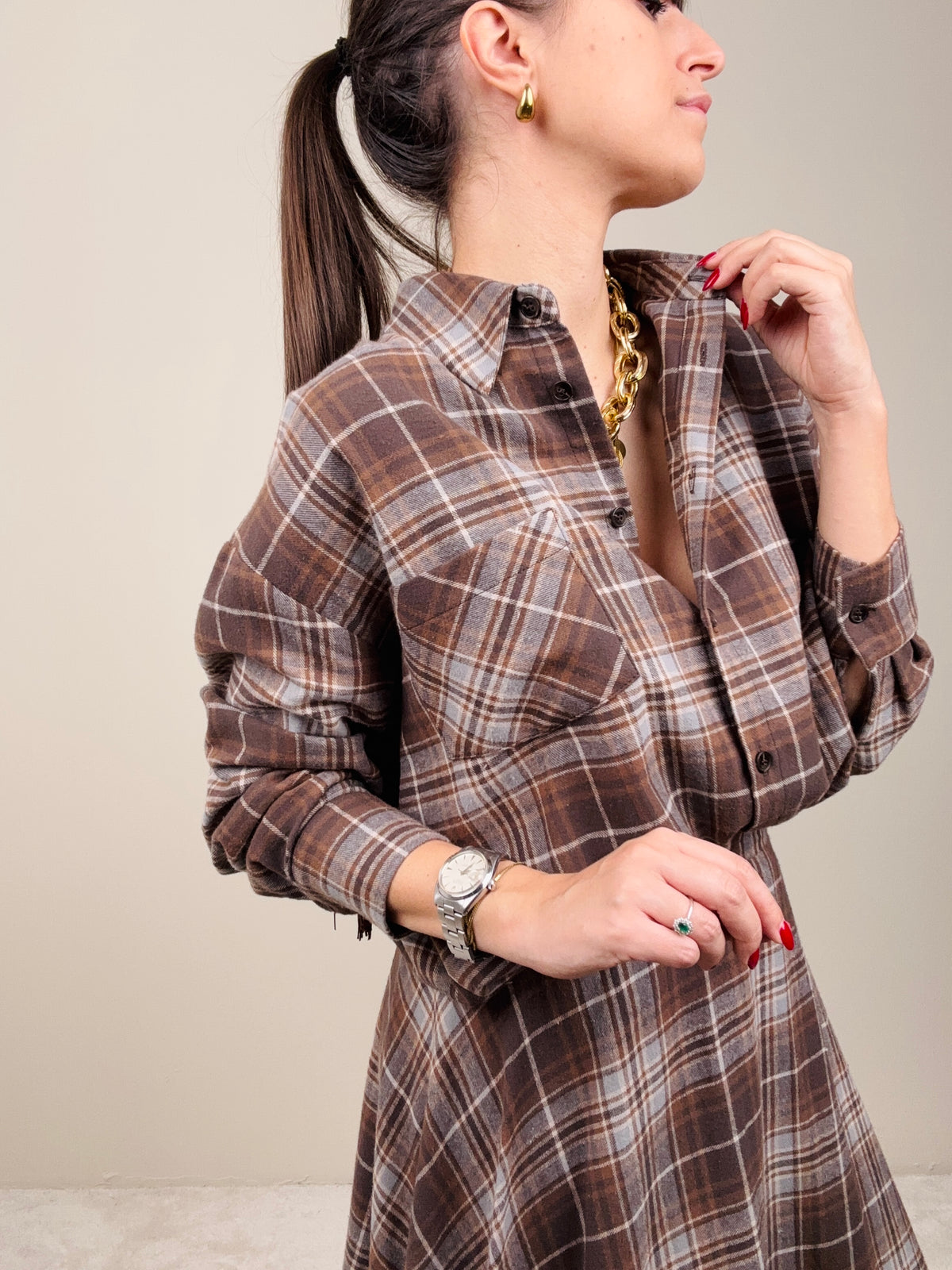 Camicia check grigia con frange tabacco
