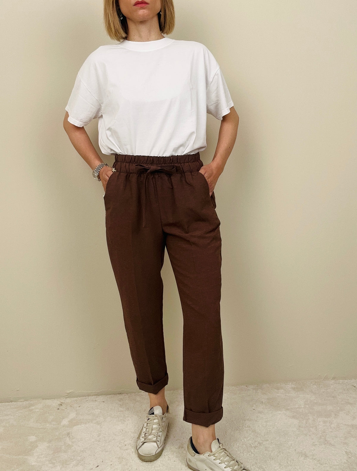Pantalaccio in viscosa e lino marrone