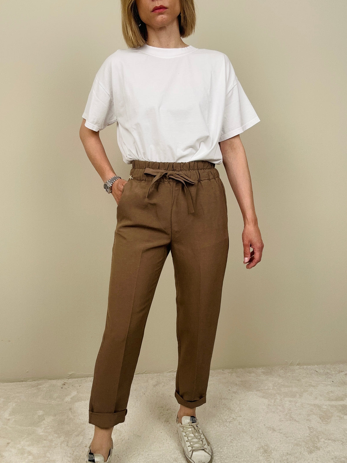 Pantalone viscosa e lino tabacco