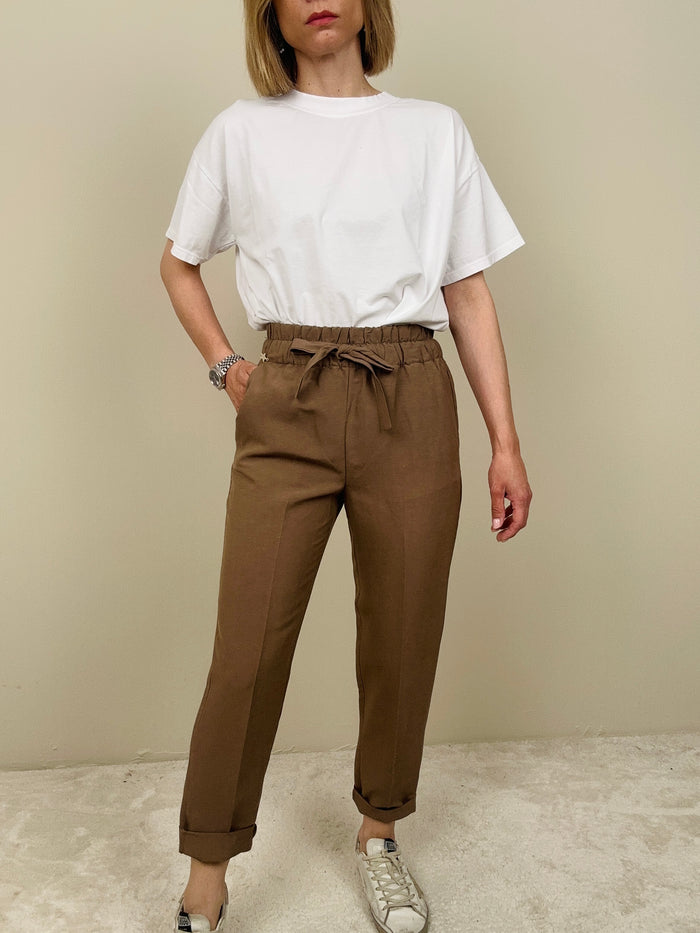 Pantalone viscosa e lino tabacco