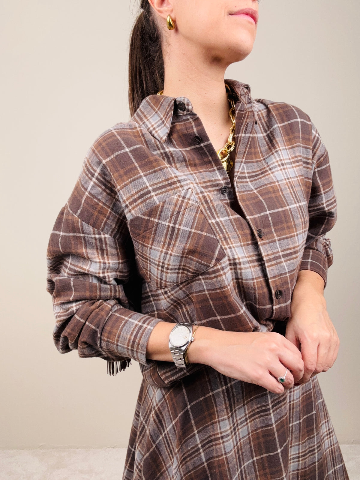 Camicia check grigia con frange tabacco