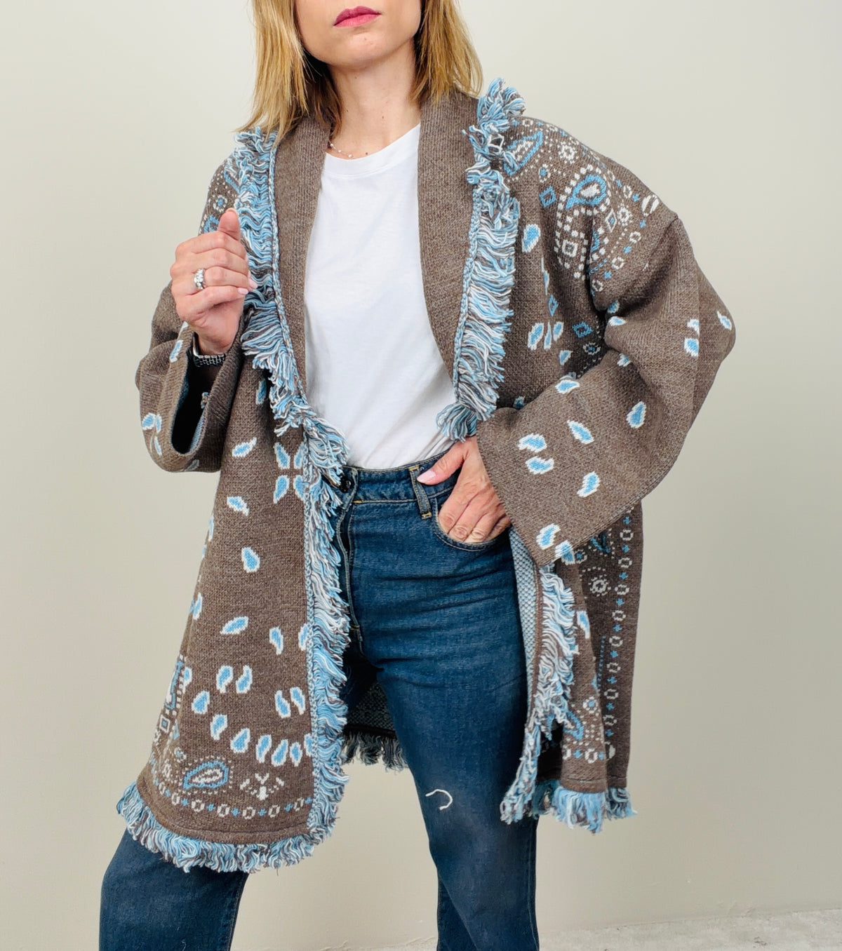 Cardigan bandana taupe-azzurro