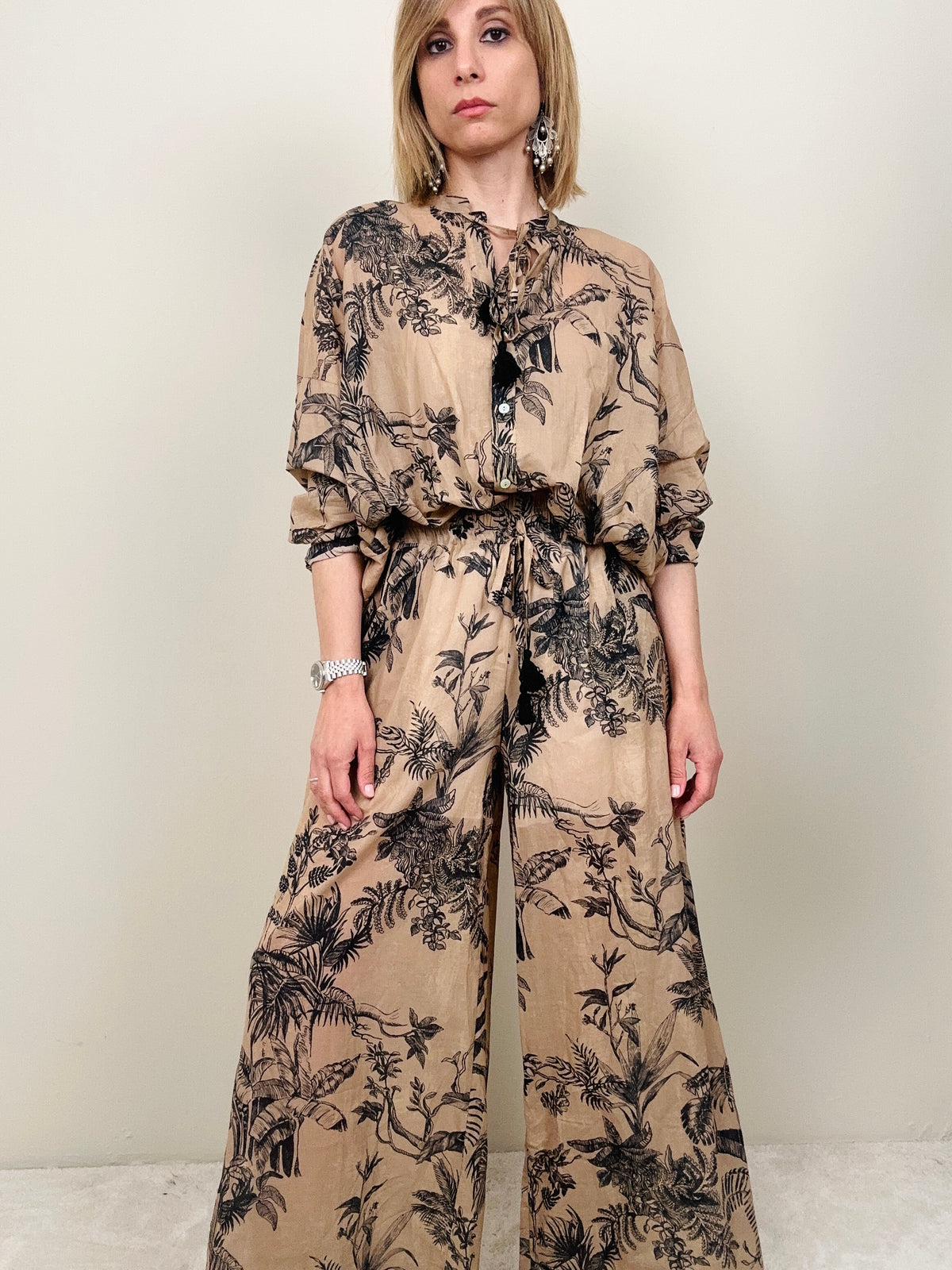 Pantalone in fantasia tabacco-nero