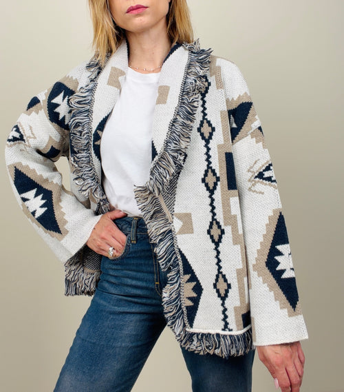 Cardigan etnico panna-blu