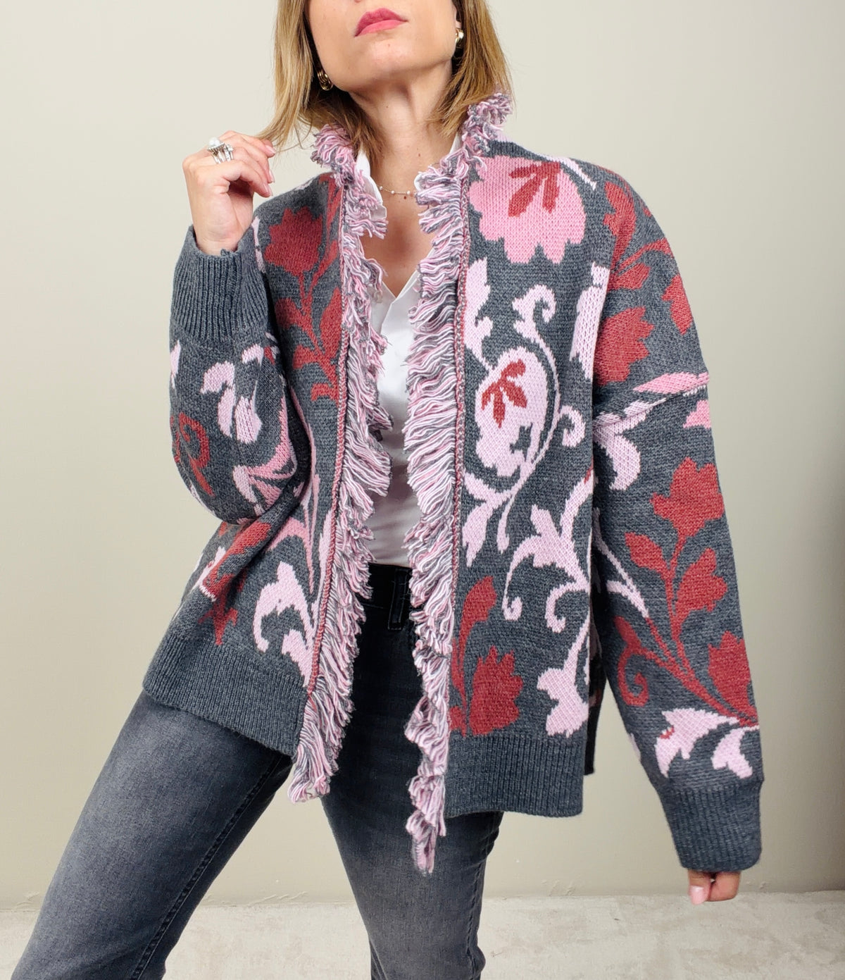 Cardigan arabesque grigio-rosa