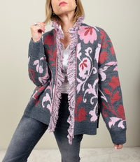 Cardigan arabesque grigio-rosa
