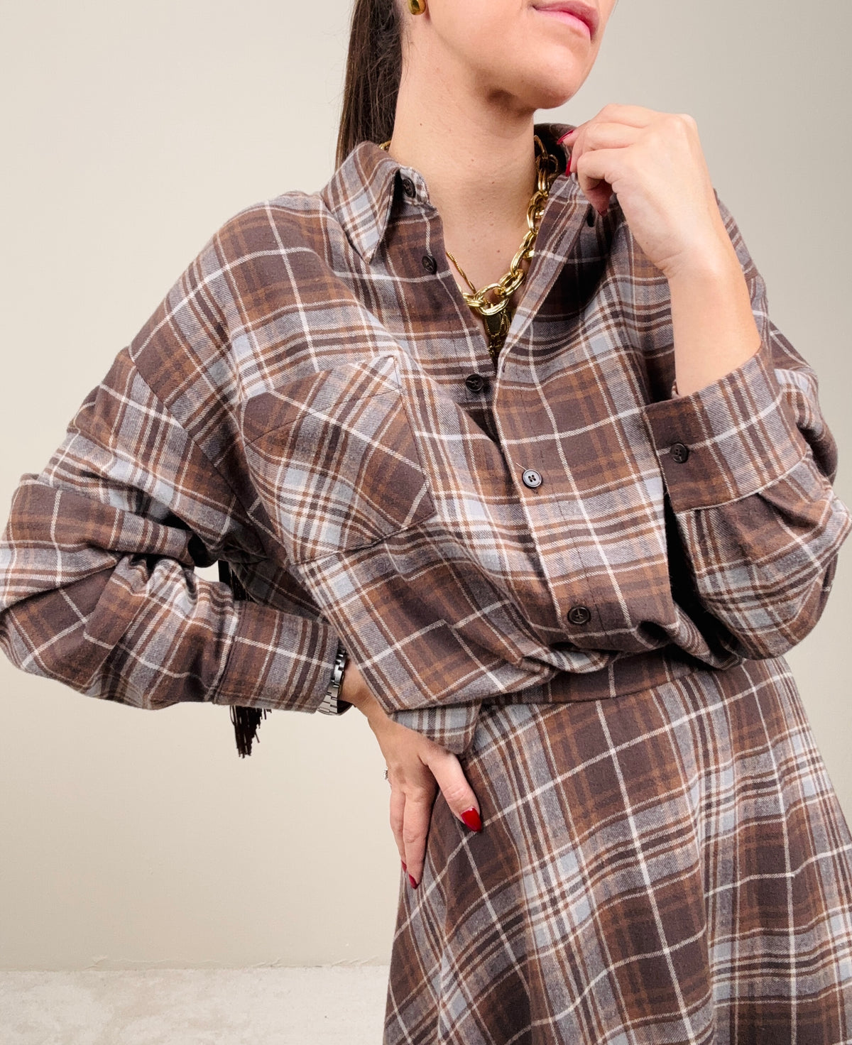 Camicia check grigia con frange tabacco