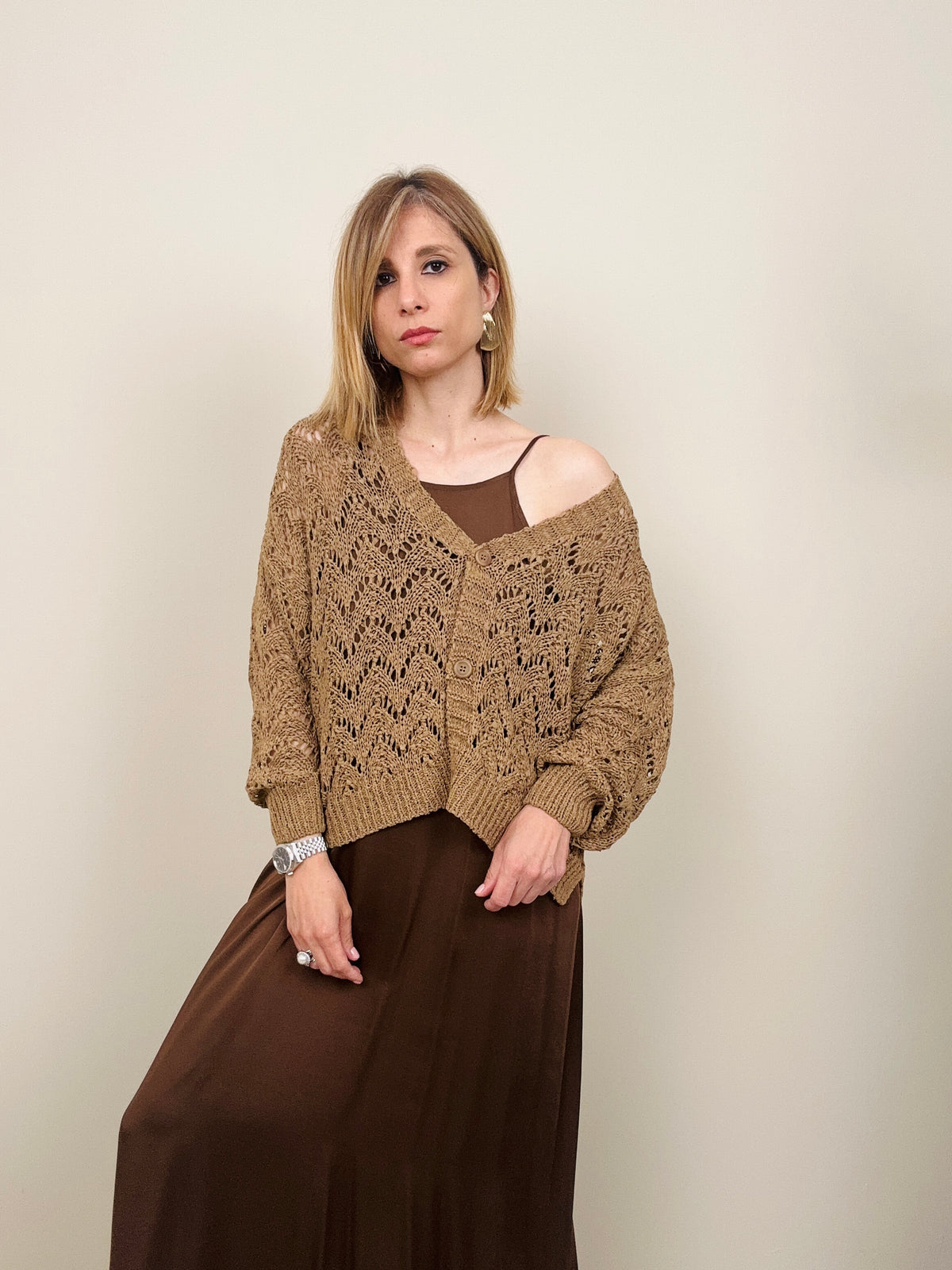 Cardigan lavorazione croche tabacco