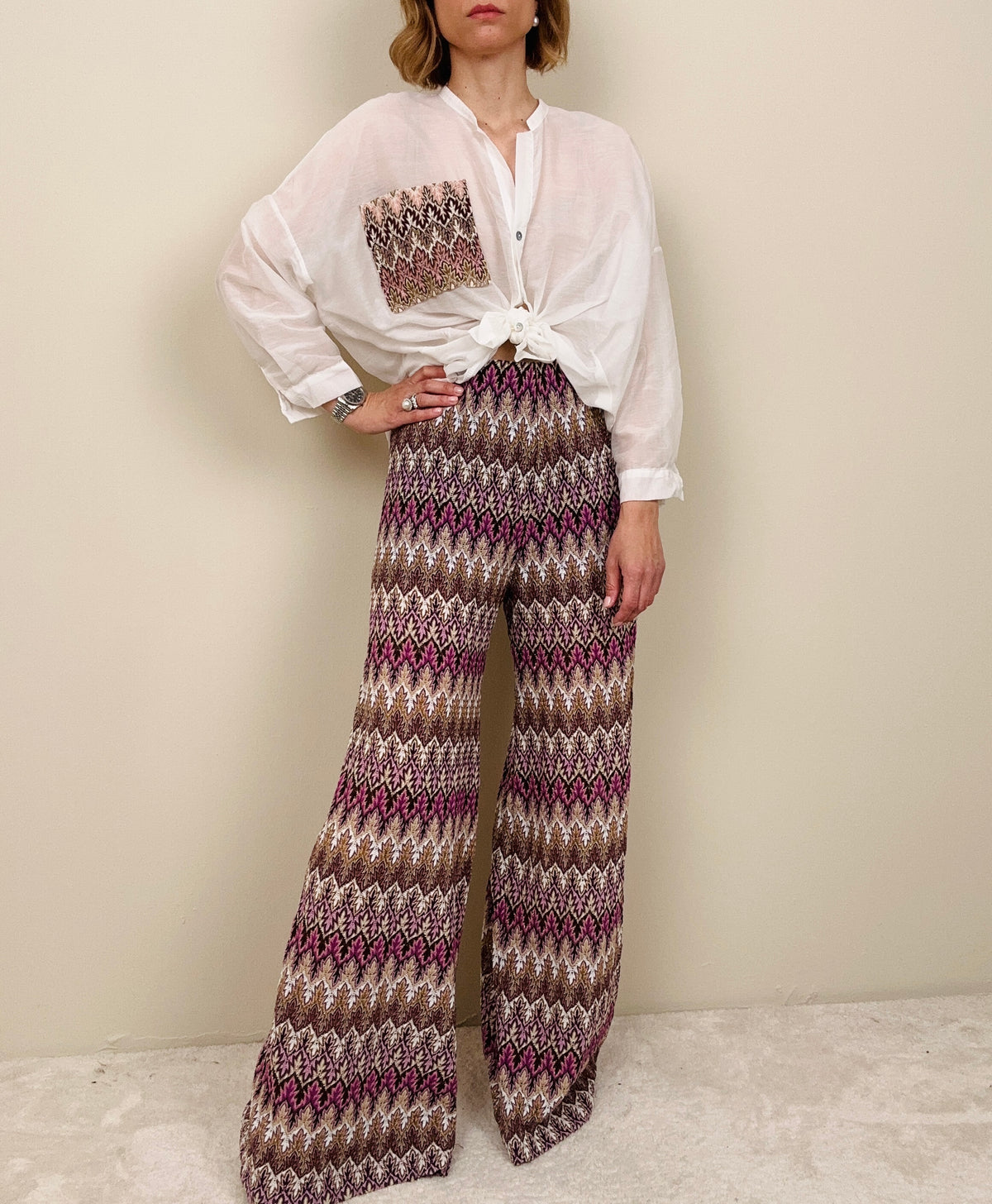 Pantalone in maglina stile missoni viola