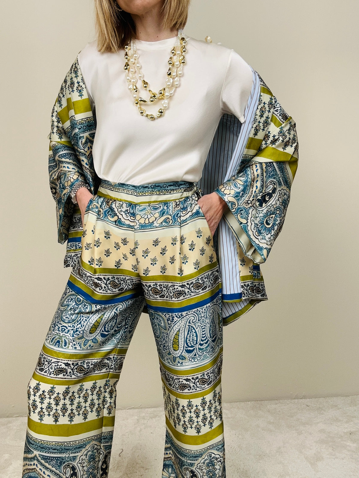 Pantalone panna-blu-lime