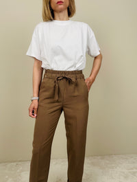 Pantalone viscosa e lino tabacco