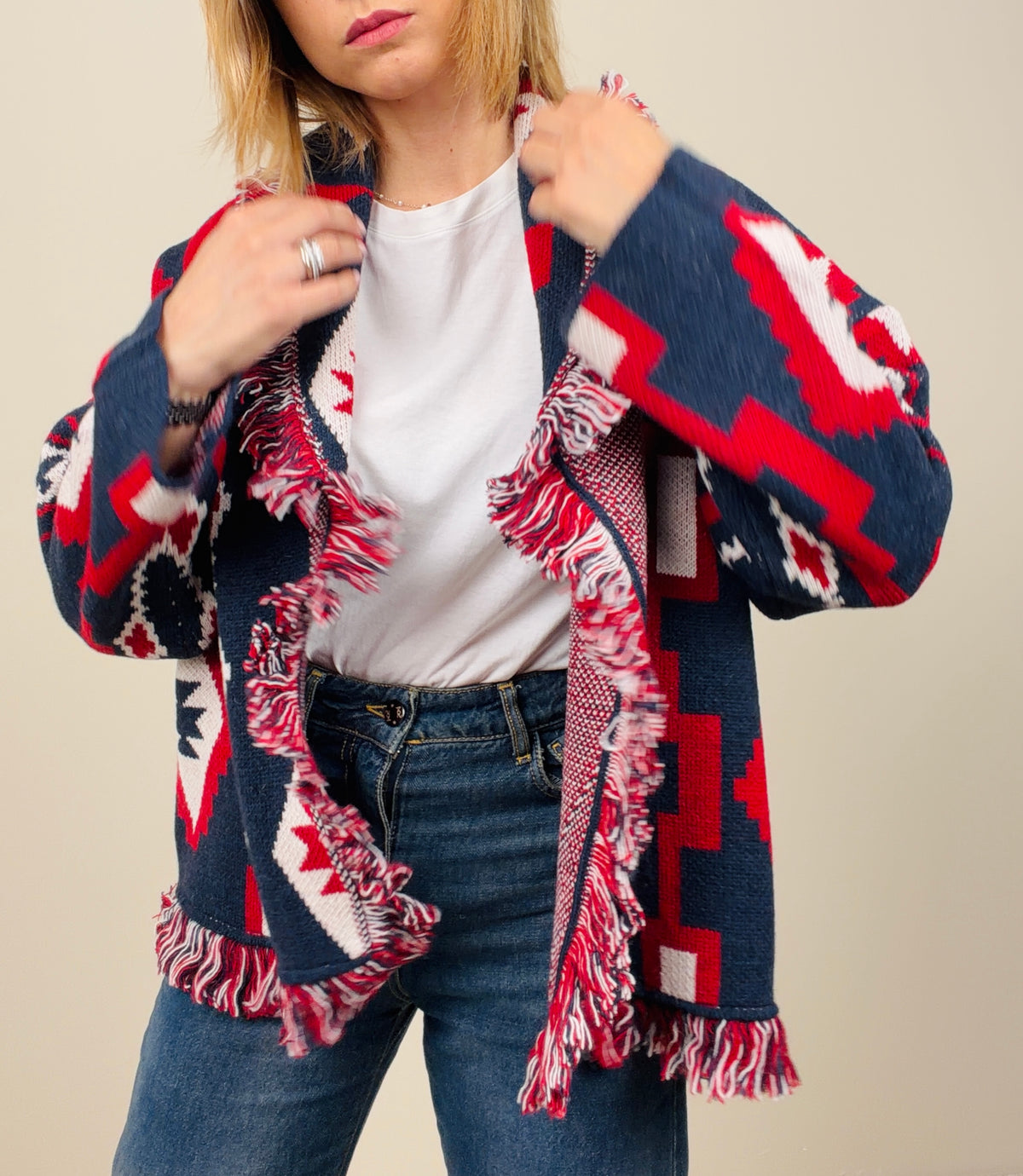 Cardigan etnico blu-rosso