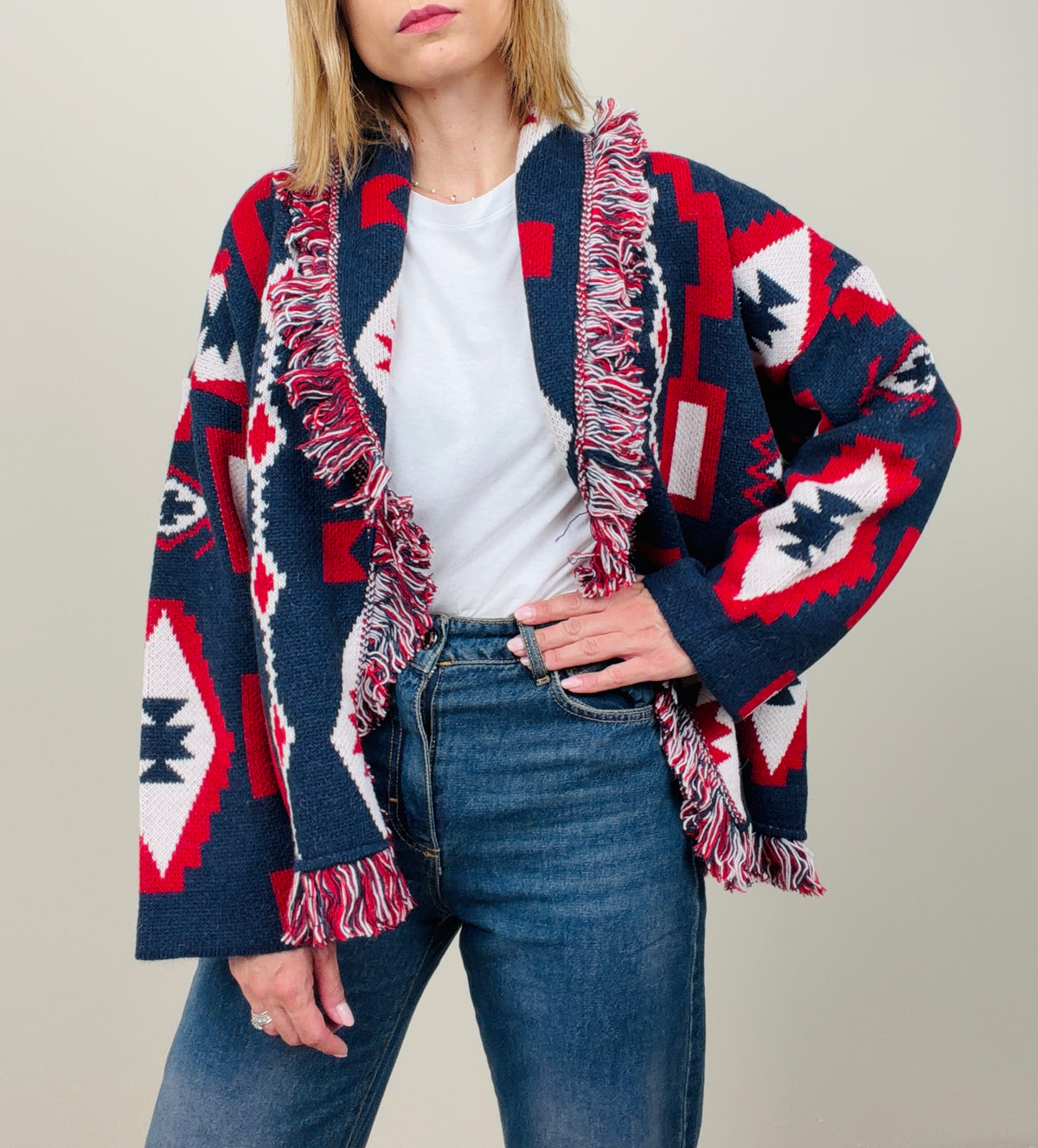 Cardigan etnico blu-rosso