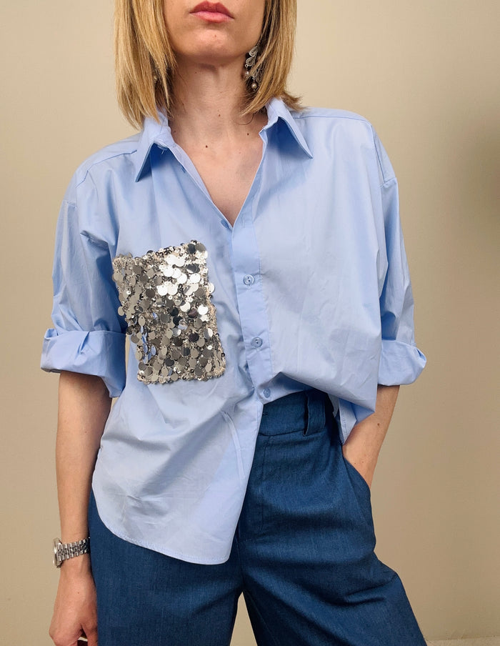 Camicia in cotone con tasca in paillettes (più colori)