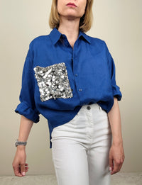 Camicia in lino bluette con taschina paillettes