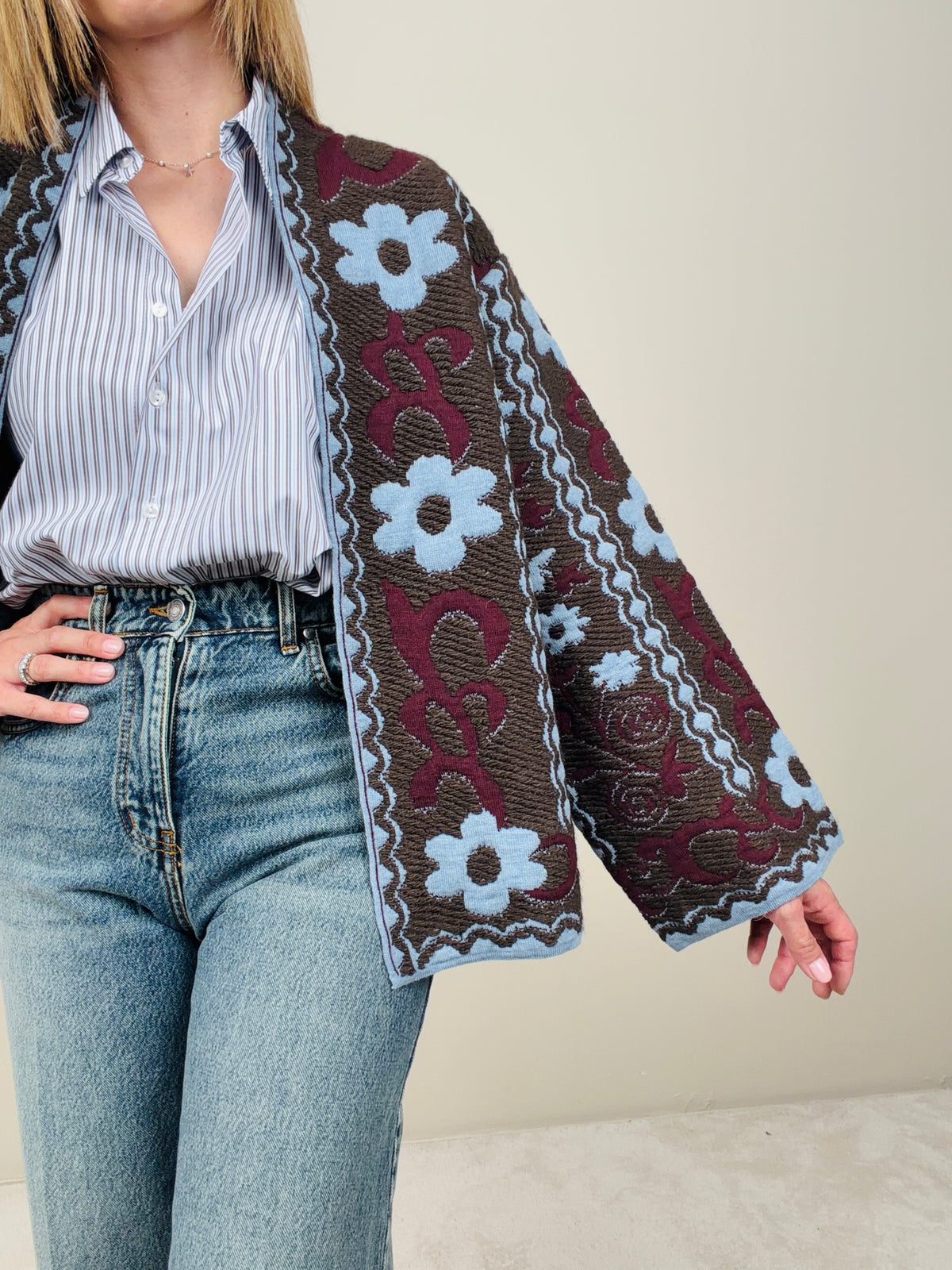 Cardigan fiori marrone-azzurro
