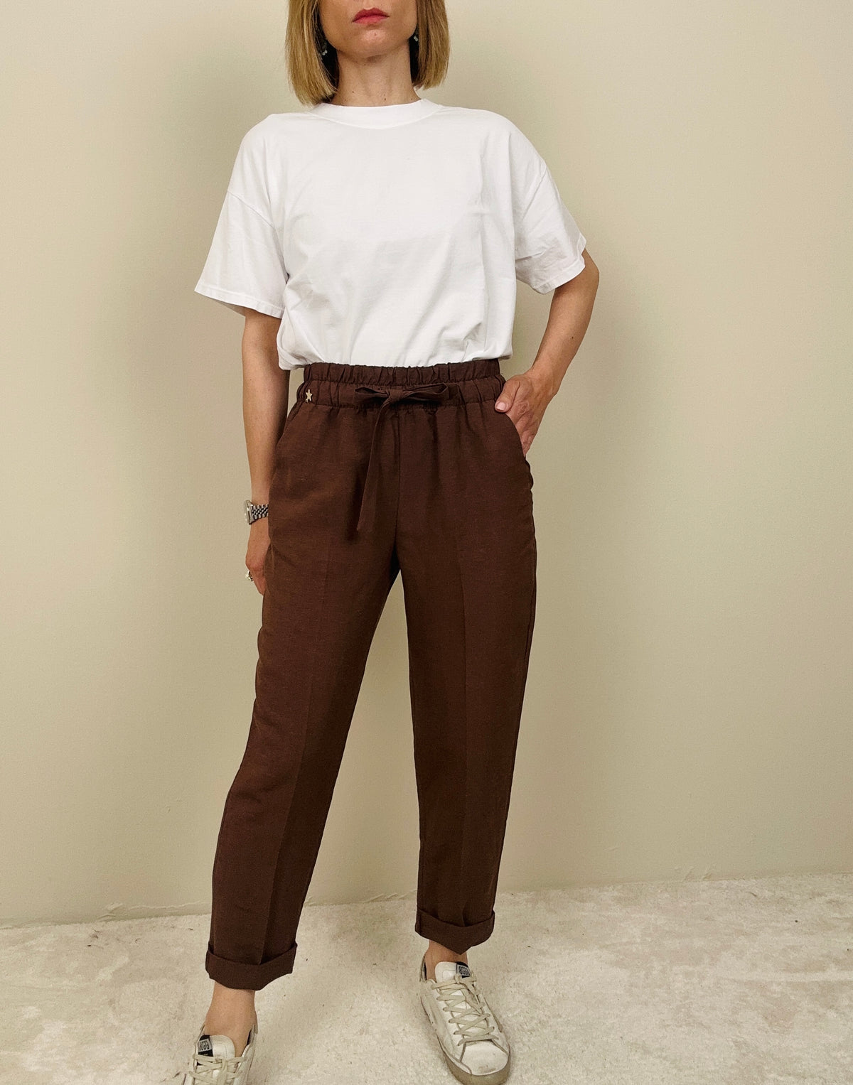 Pantalaccio in viscosa e lino marrone