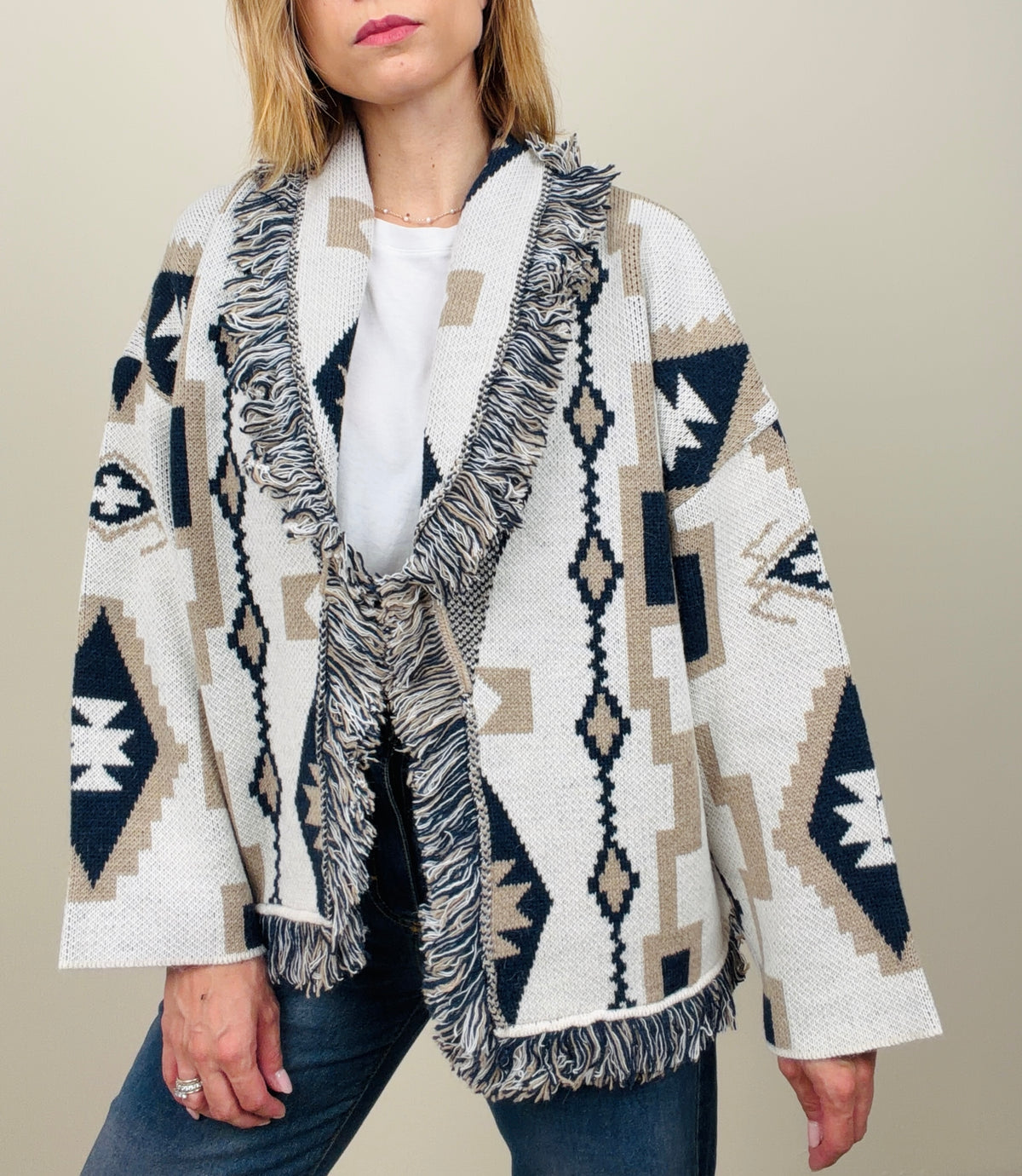 Cardigan etnico panna-blu