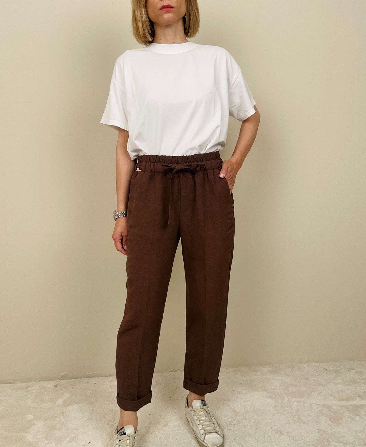 Pantalaccio in viscosa e lino marrone