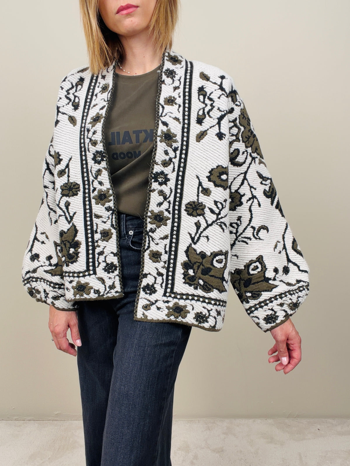 Cardigan flora bianco-verde