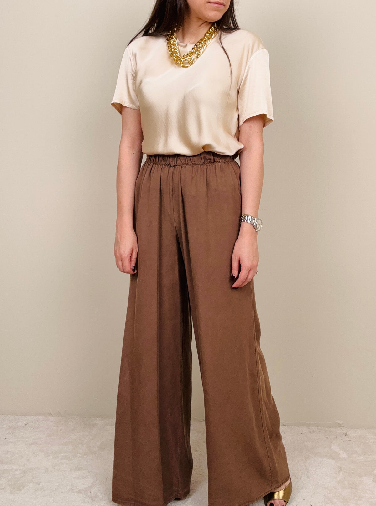 Pantalone scivolato in viscosa cacao