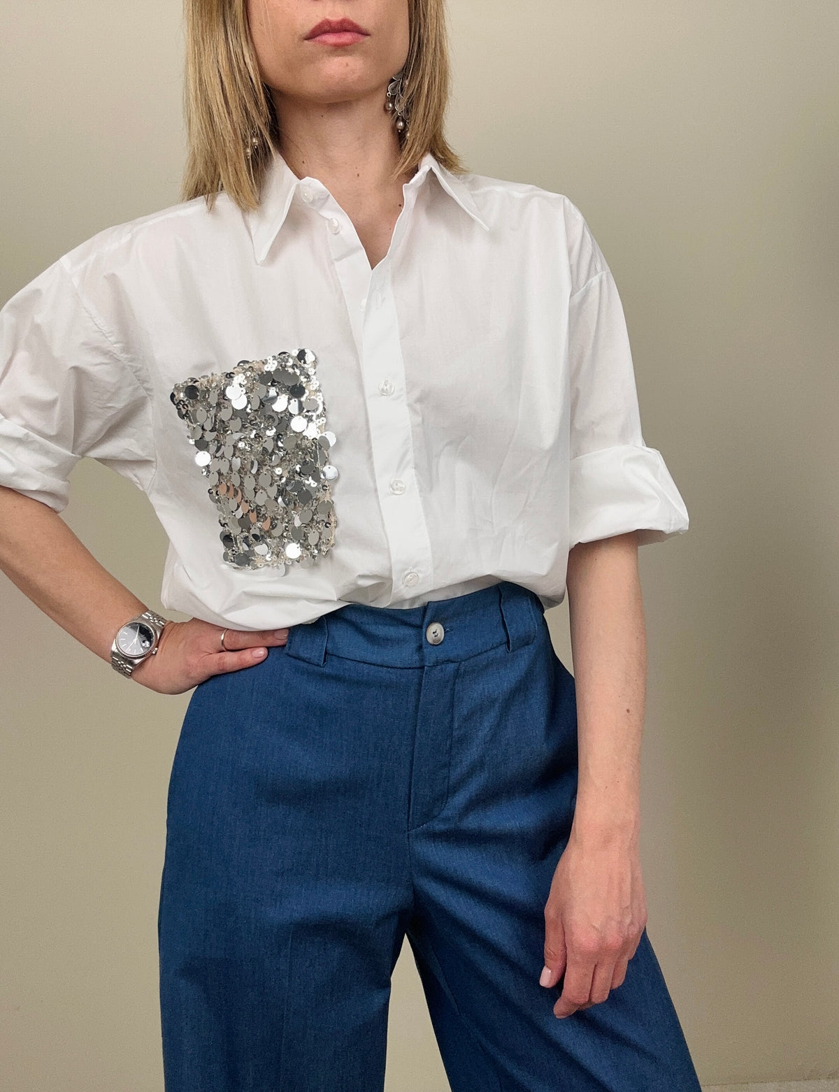 Camicia in cotone con tasca in paillettes (più colori)